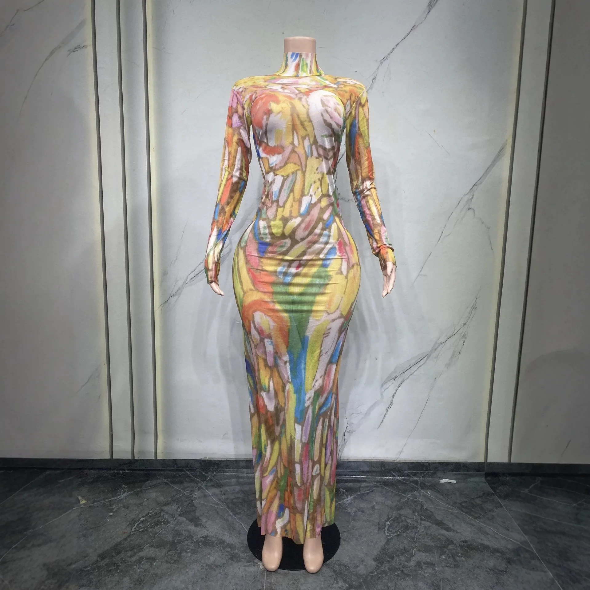 New Printed Watercolor Banquet Host Gown Party Dress for Performance Women Dresses and Body-fitting Garments