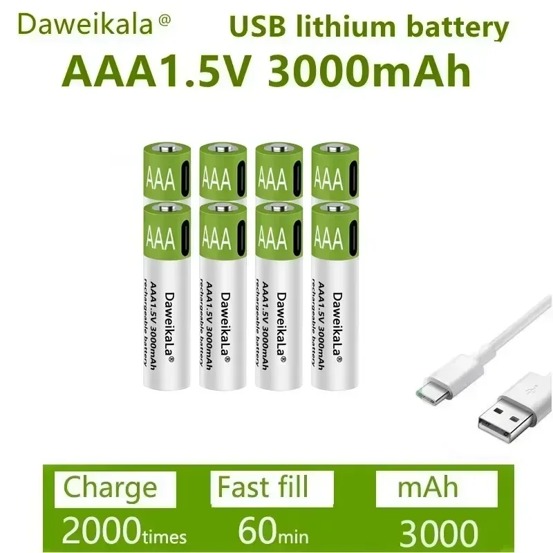 New 1.5V AAA Rechargeable Battery 3000mAh, Rechargeable AAA Lithium Polymer Battery with Quick Charging via Type-C USB Cable