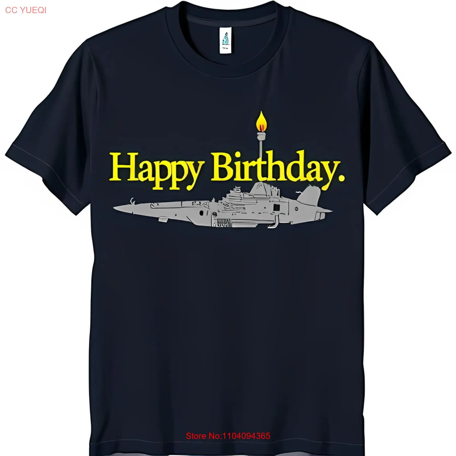 Happy Birthday Graphic T-Shirt Dark Blue with Spacecraft Cake Design