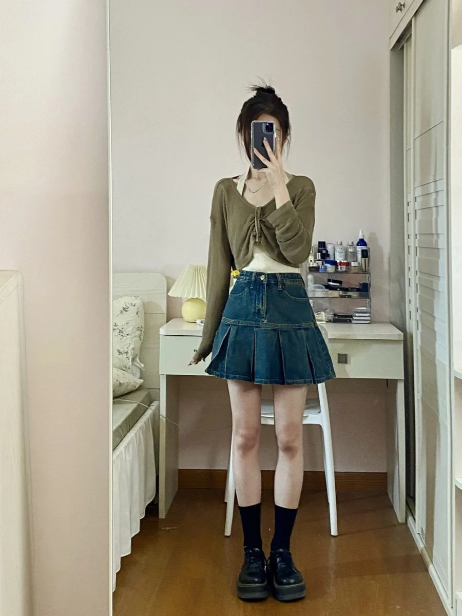 スリム A ライン スカート デニム プリーツ レディース ファッション ハイウエスト 韓国 スカート 夏コレクション 2023