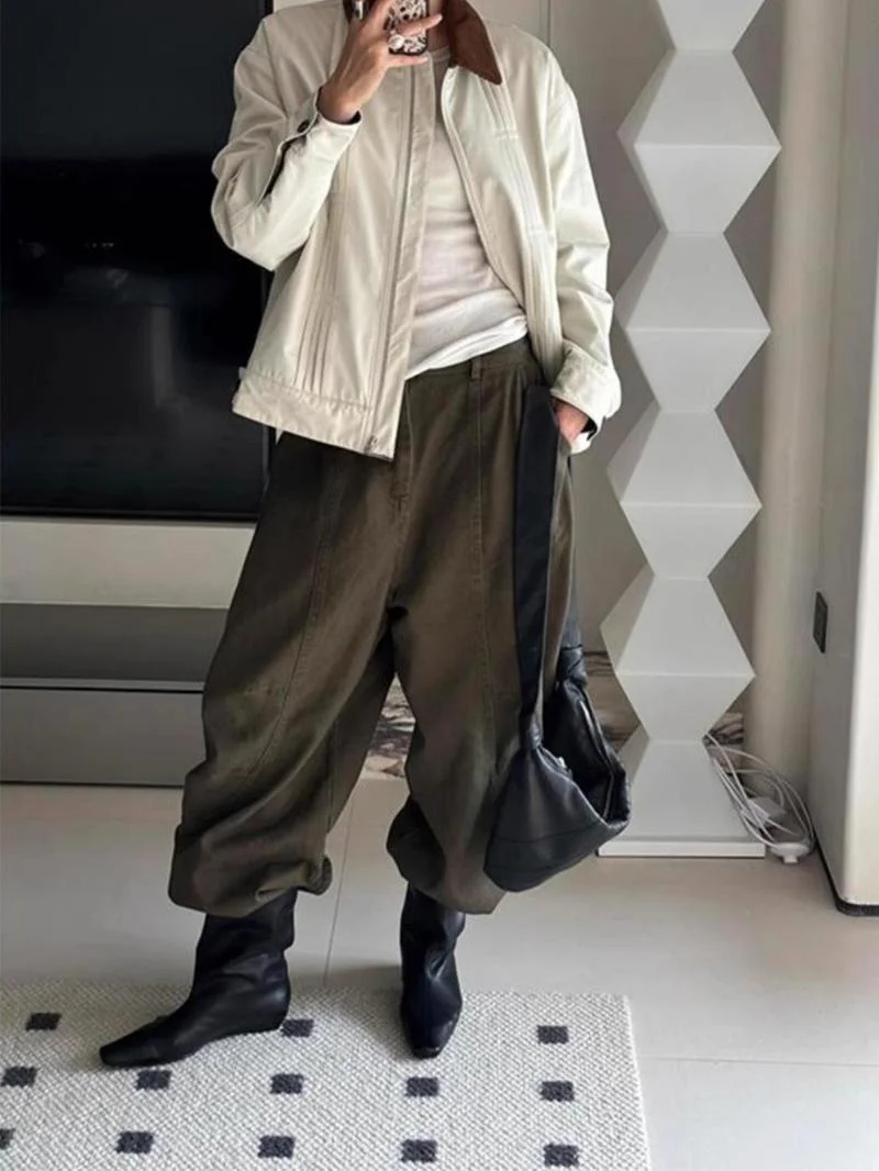 

Американские ретро-джинсы в стиле милитари, зеленые, широкие, свободного кроя, удлиненные, женские, летние, новый стиль, повседневные джинсы