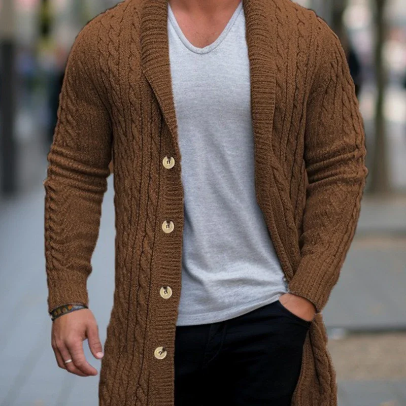 

Winter Clothing Men's Knitted Jacquard Lengthen Cardigan Sweatercoat Casual High Street Pocket Long Sleeve Wool Coat Knitwear