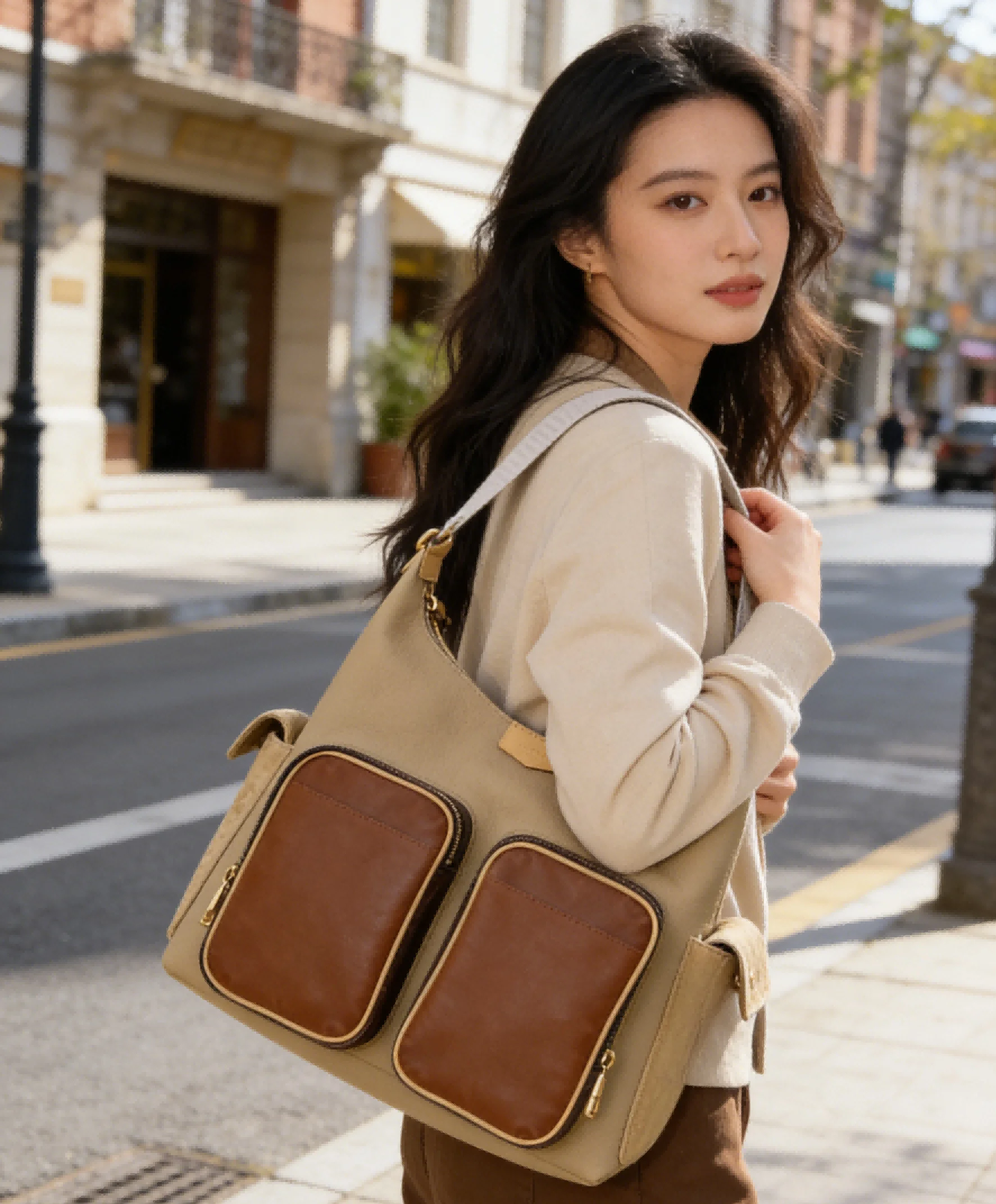American Vintage Khaki Brown Color Block Tote Bag, Ruggedly Stylish Large Shoulder Bag for Casual Daily Use and Travel Trips