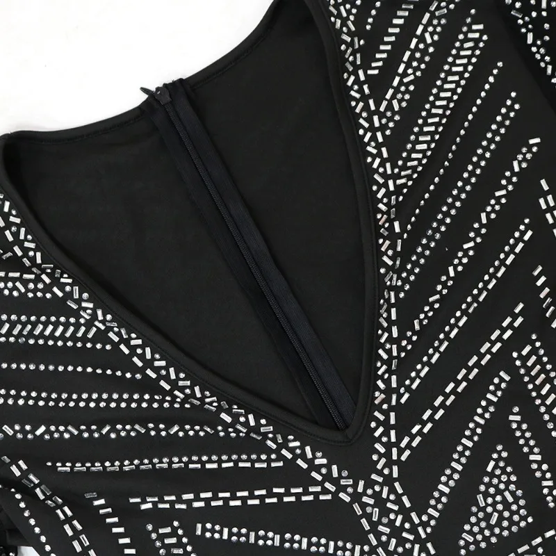 Crystal Diamonds Club Party Playsuits Women Sexy V-Neck Mesh Full Sleeve Patchwork Slim Shorts Jumpsuits Female Y2K Rompers