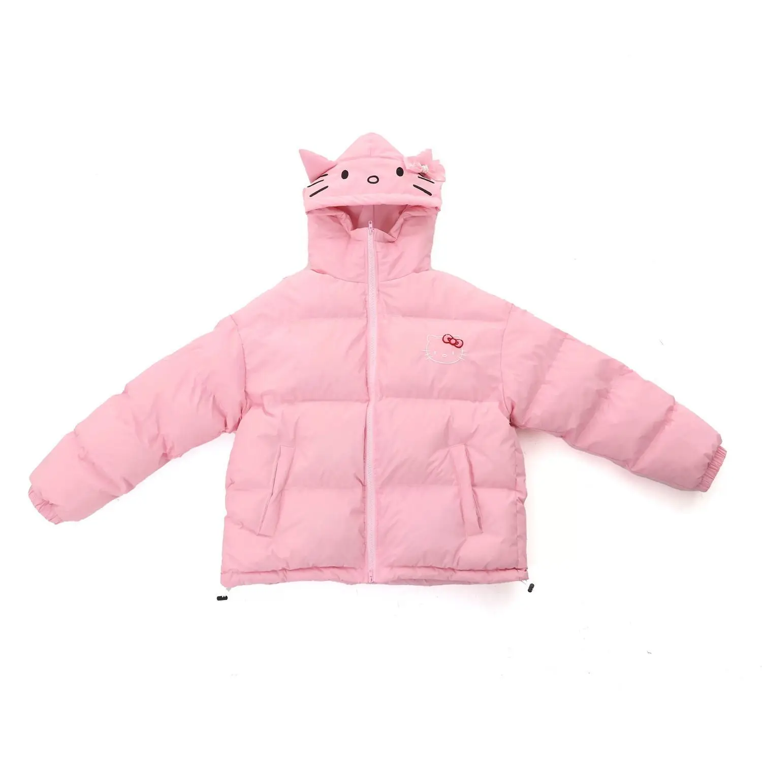 2024 New Hello Kitty Hooded Padded Down Coat Clothes for Women Cute Sweet Winter Warm Loose Zipper Parkas Jackets