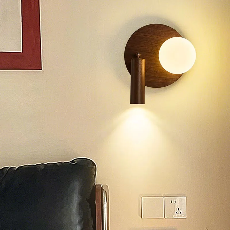 Walnut Texture Glass Globe Wall Light for Bedside Hardwired LED Wall Lights with Rotatable Spotlight for Kitchen Dinning Room
