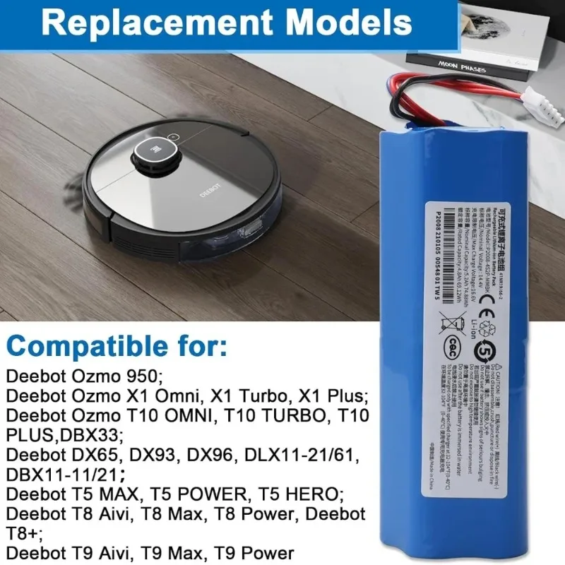 

Replacement 5600mAh 14.4V Battery for Ecovacs Deebot X1 T5 T8 T9 Ozmo 950 DX9G DX93 Robot Vacuum Cleaner