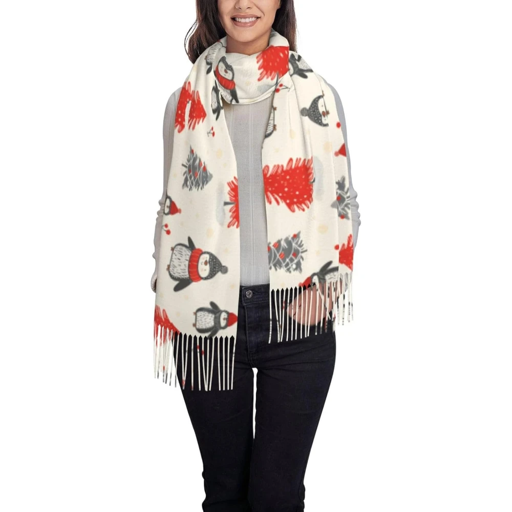 

Шарф с рождественским принтом, длинные кашемировые стильные шарфы с кисточками на весну, осень, зиму, фонарь снеговика, мягкая зима, сохраняет тепло