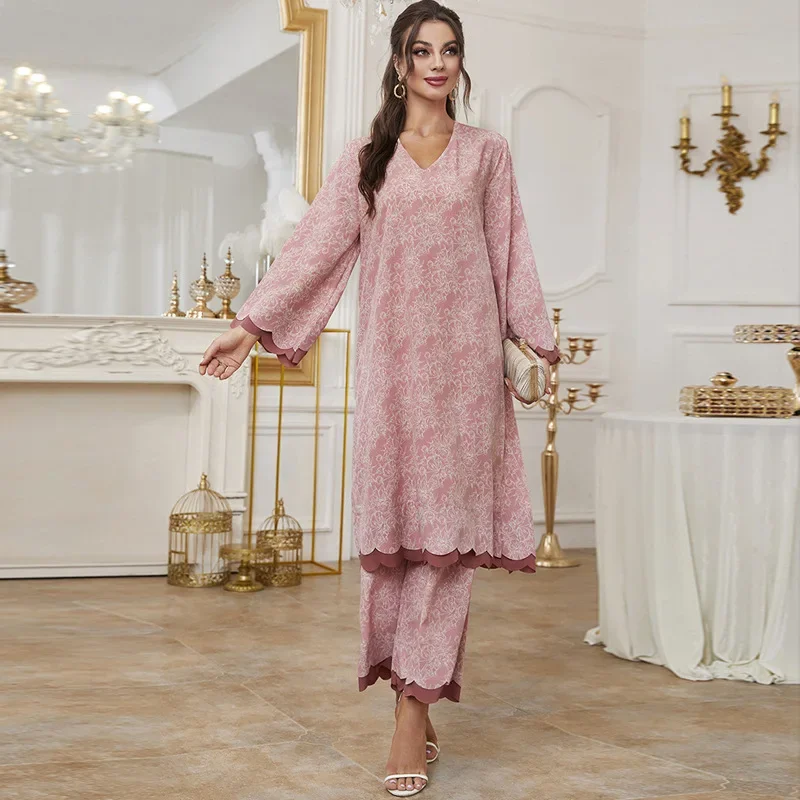 

2 Piece Abaya Muslim Set Ramadan Abayas for Women Dubai Turkey Saudi Casual V-neck Print Long Sleeve 2ps Dress Islam Clothing