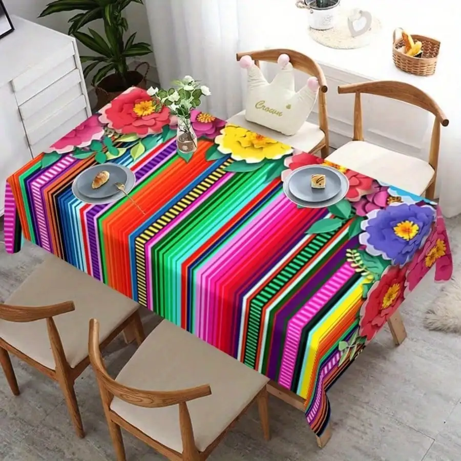 

1pc Vibrant Mexican Fiesta Tablecloth - Colorful Floral And Striped Design, Durable Polyester, Easy To Clean, Rectangular,