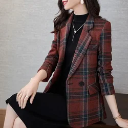 Red Plaid Suit Jacket Female 2022 Spring Autumn New Casual Vintage Woolen Small Suit Elegant Lady Office Blazers Women Outerwear