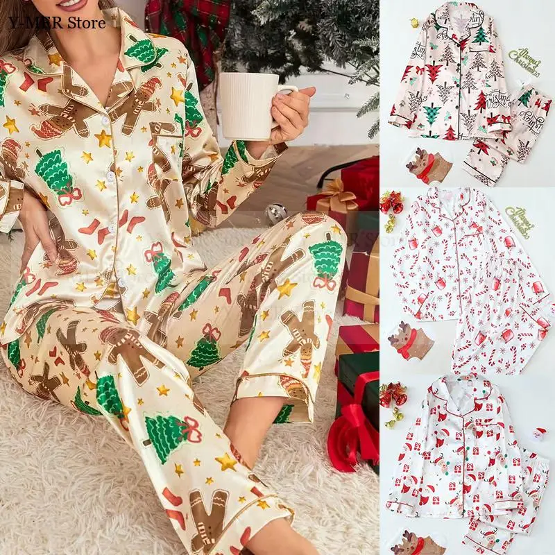 2025 Autumn Winter New Sleepwear 2Pcs Satin Loungewear Home Clothes Christmas Party Outfit Pyjamas Femme Nightwear Santa Claus