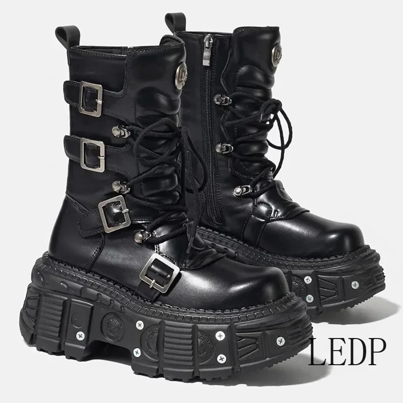 

2025 New Punk Style Women Shoes Lace-up Platform Shoes Woman Rock Boots Metal Decor Thick Bottom Street Shot Knight