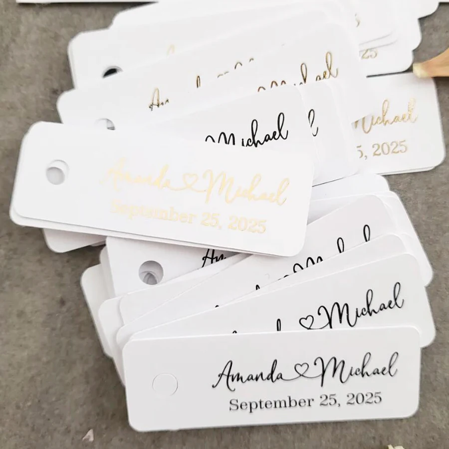 50pcs Custom Wedding Tags, Personalized Wedding Name Tags, Rectangular Labels Custom Gold Foil Silver Foil Black Text