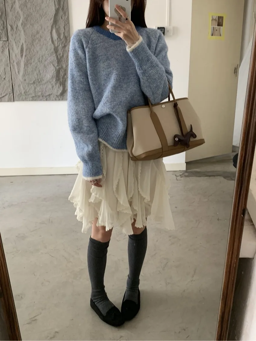 เสื้อสเวตเตอร์ไหมพรมถักลายทางสีตัดกัน สไตล์ลำลอง นุ่ม สบาย ทรงหลวม ยาว สำหรับผู้หญิง รุ่น Winter Thiened