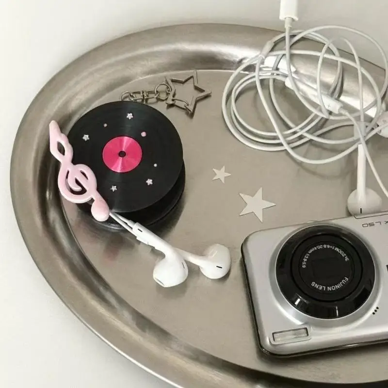 【Y】Y2K Vintage Record Shaped Earphone Cable Winder Portable Cord Holder With Keychain Ins Headphone Cable Organizer Bag Charm