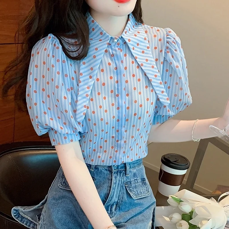 Fashion Summer Polka dot Print Elegant Shirts Loose Turn down Collar Short Puff Sleeve Blouses Vintage Casual Blue Tops 27484