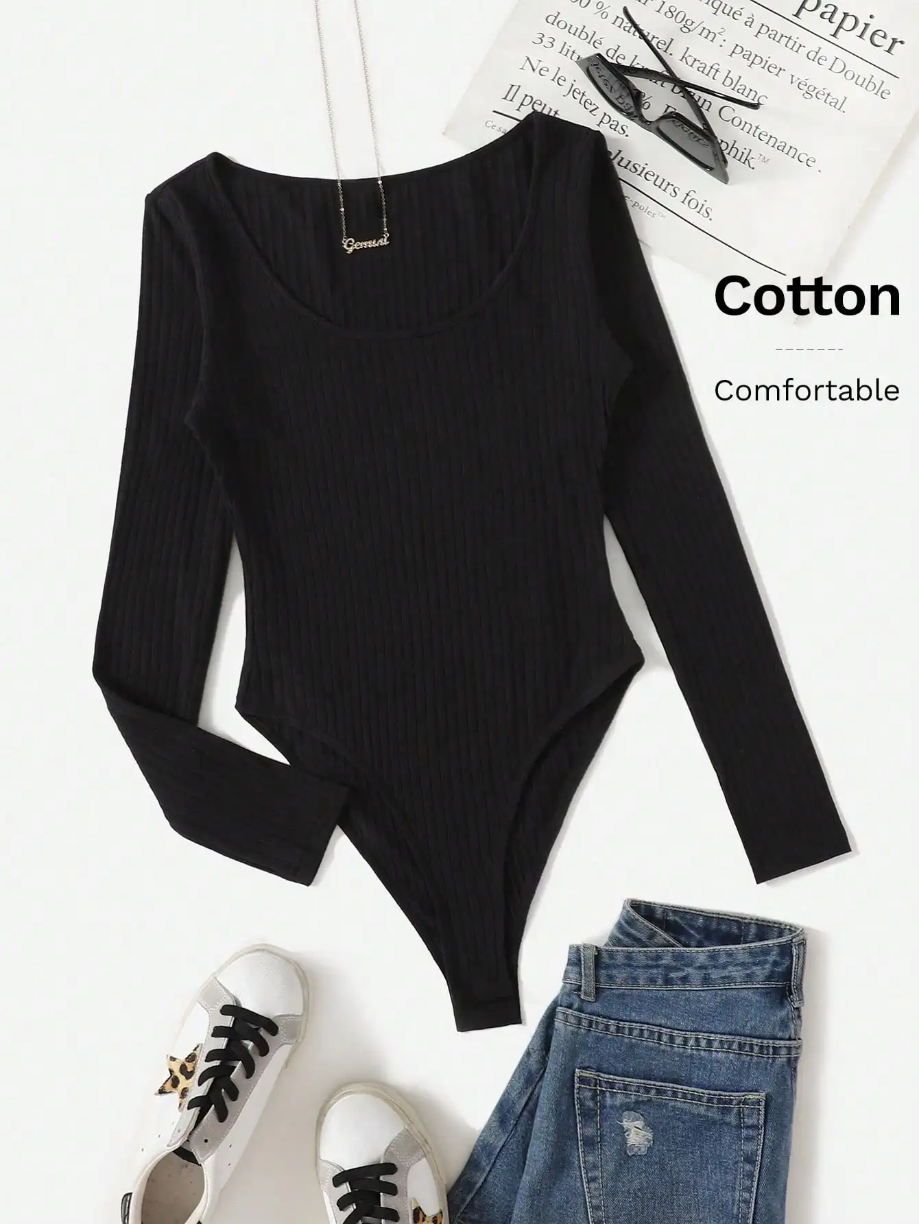 

Black Ribbed Knit Long Sleeve Round Neck Bodysuit for Women