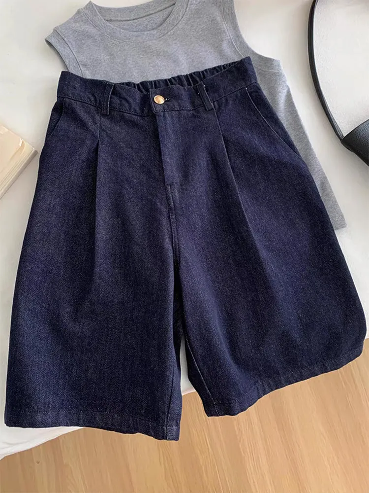 

Deep Blue High Waist Straight Leg Denim Shorts Women's Summer Thin A-Line Wide Leg Five-Quarter Pants Slimming Effect