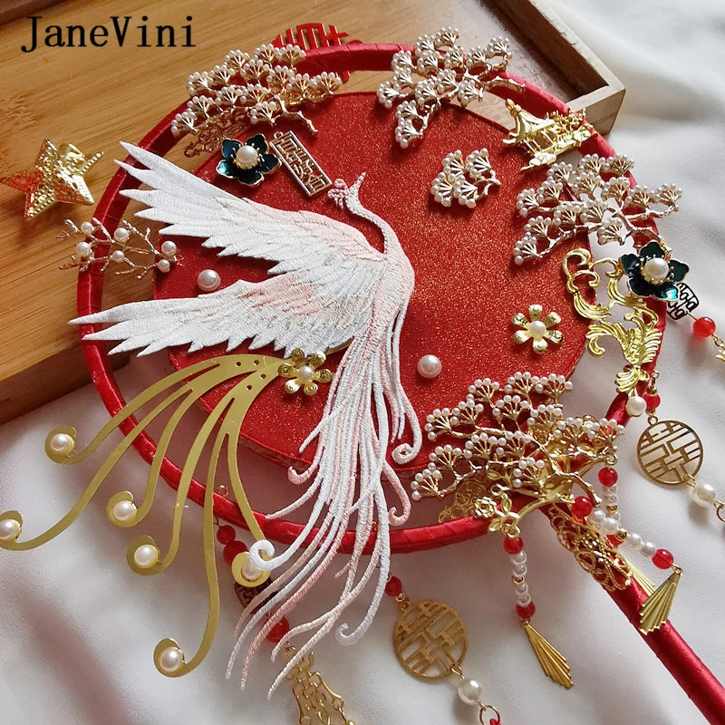 Janevini Luxe Rode Chinese Bridal Hand Boeketten Fan Type Kunstmatige Bloemen Parel Kristal Metalen Ronde Fans Bruiloft Accessoires