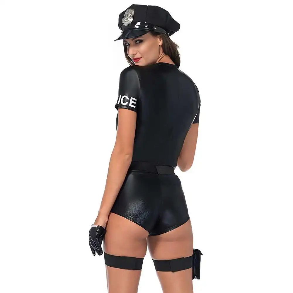 New Arrival Women's Zipper Pushed Up Roleplay Police Uniform Adult Lady Theme Party Cosplay PU Bodysuit Dress Up Costumes