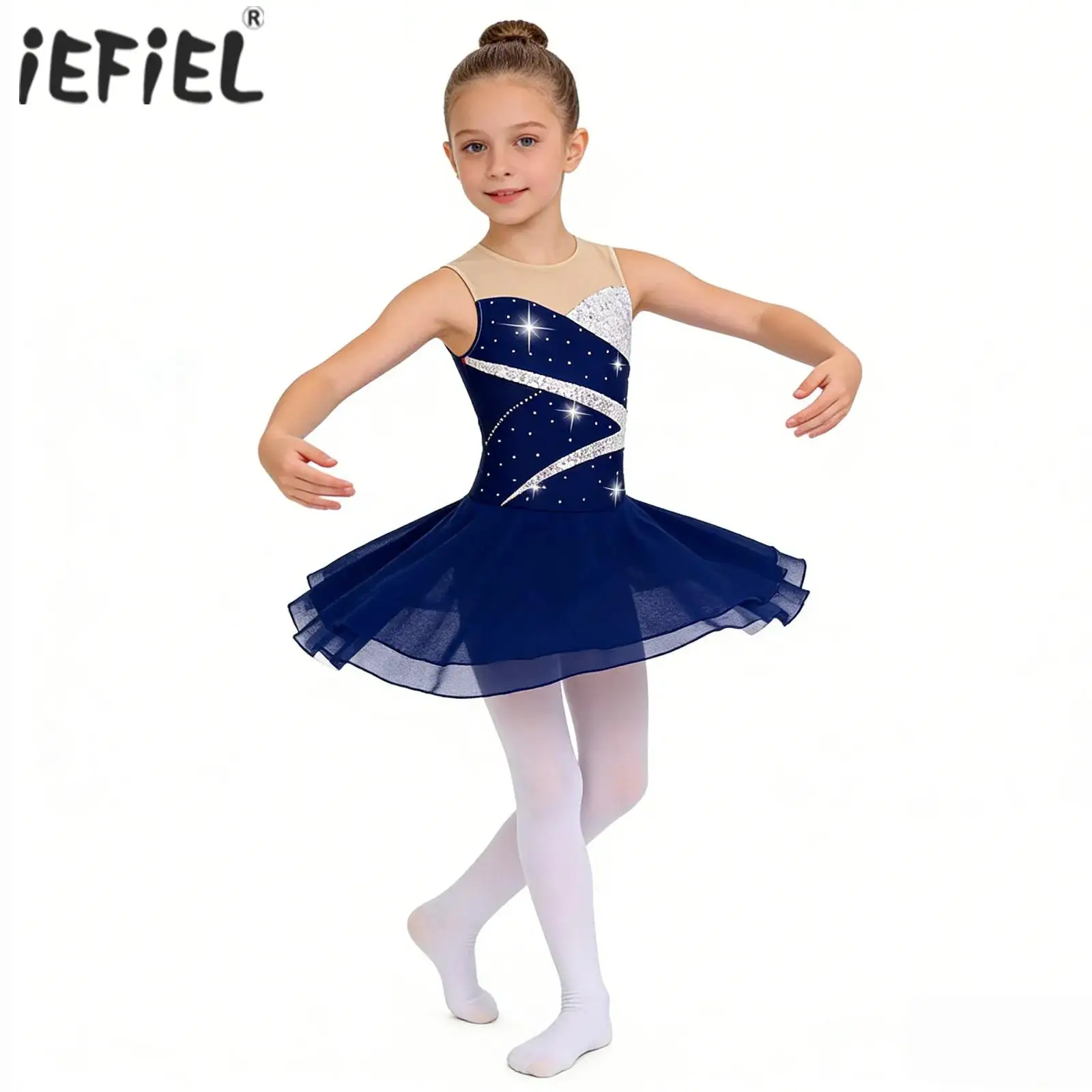 

Kids Girls Shiny Rhinestone Ballet Jersey Lyrical Dance Body Dress Gymnastics Artistic Figure Skating Ballerina Tutu Costume