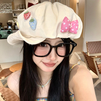 Japanese Sweet Cotton and Linen Strawberry Bow Decorative Beret Women Summer Thin Soft Brim Large Version Octagonal Newsboy Cap