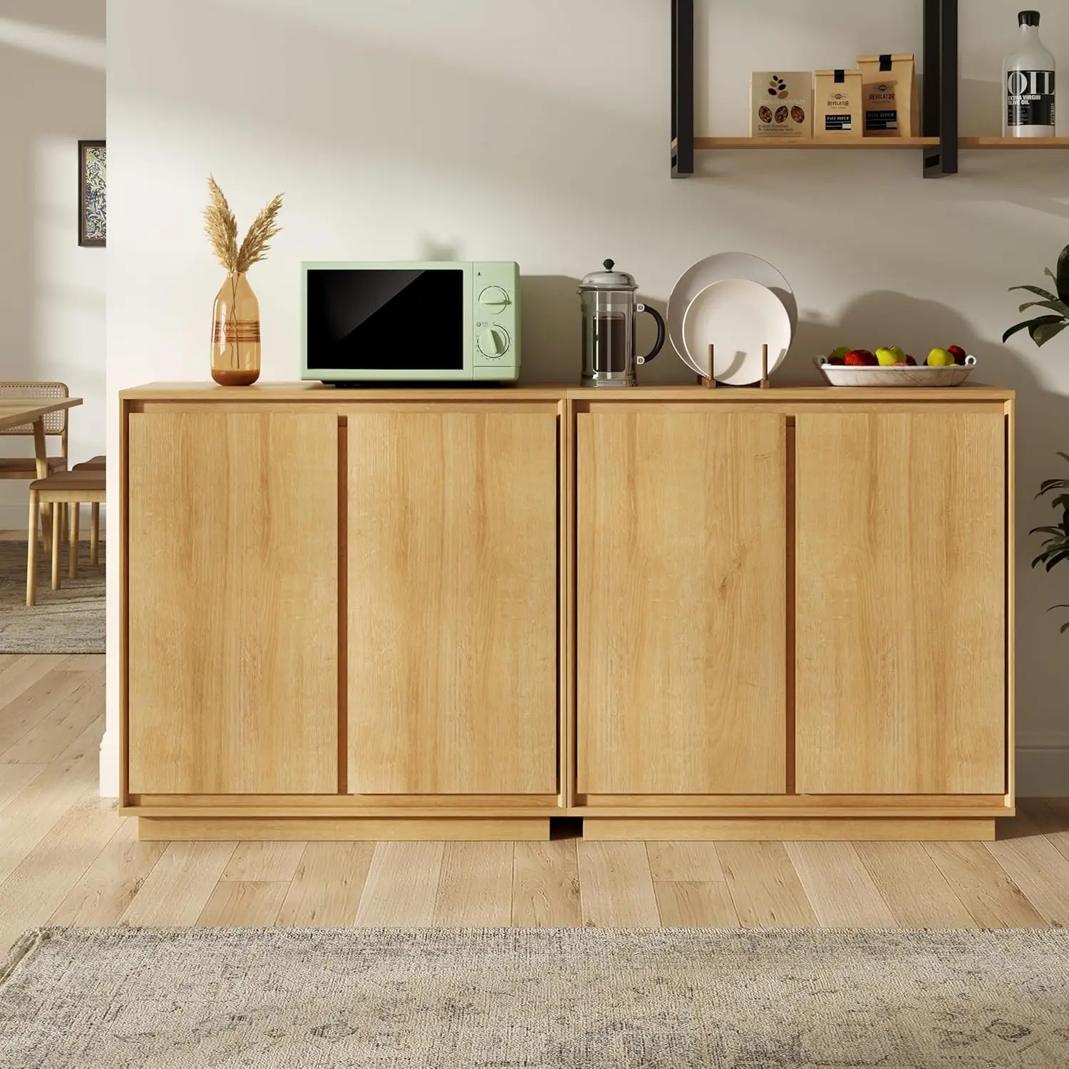 3 قطع خزانة بوفيه جانبية مع مساحة تخزين مع أرفف قابلة للتعديل وتصميم بدون مقبض مناسب للمطابخ والممر،