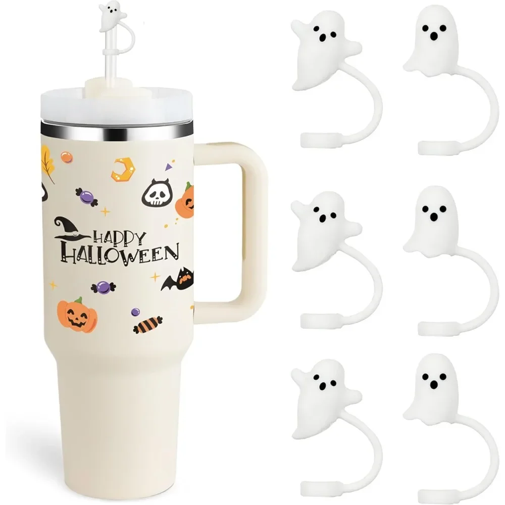 

6PCS Ghost Straw Covers Cap Compatible with Stanley Cup 30 40 oz, Silicone Reusable Drinking Straw Topper Including 2 style