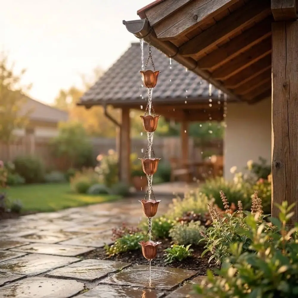 Japanese Style Metal Tulip Rain Chain 7 Cups Iron Art Water Drainage Chain Directs Water Flower-shaped Rain Catcher