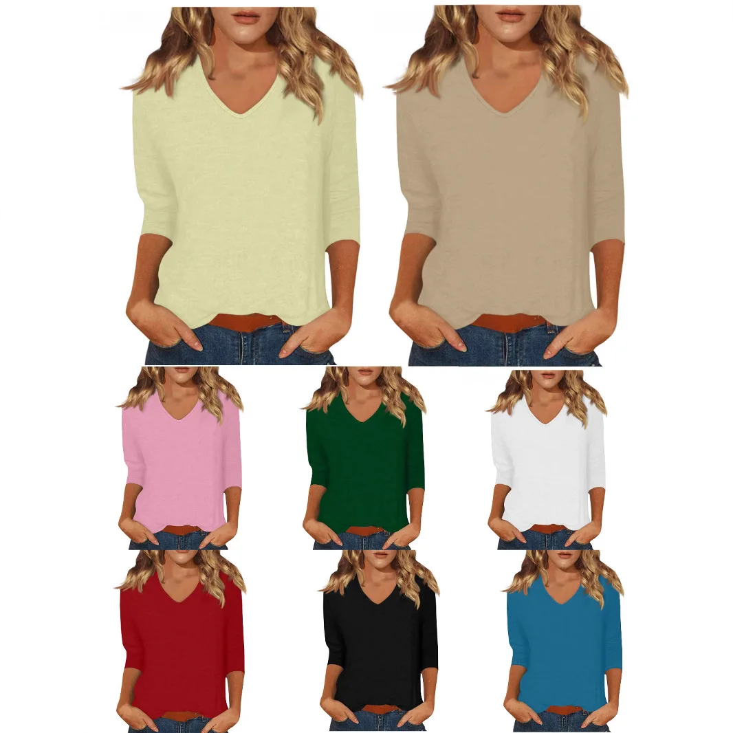 

Повседневная футболка V-Ne Pure Color 3/4 Све, женская универсальная повседневная одежда, свободный крой из смеси хлопка и полиэстера, весна Thiened