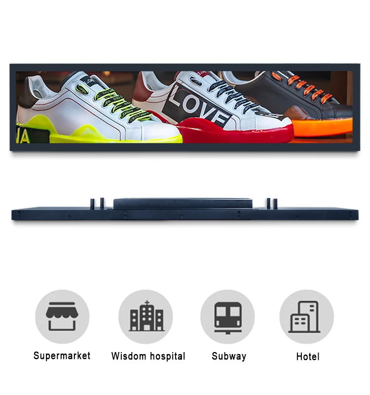 Display pubblicitario versatile con barra allungata per negozi al dettaglio, aeroporti, metropolitana, istruzione, visualizzazione medica di benvenuto