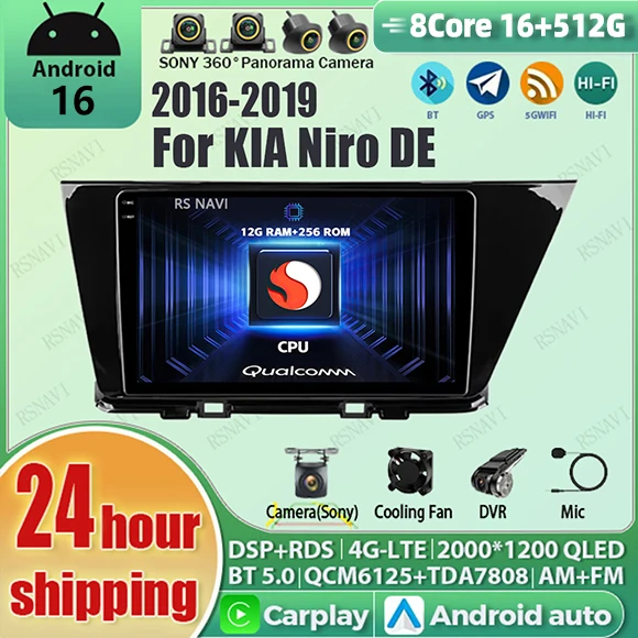 Radio para Auto con Android 16, Carplay, Pantalla QLED 2K Qualcomm, Reproductor Multimedia con GPS, Wifi, Estéreo, BT, 4G y DSP para Kia Niro DE 2016-2019
