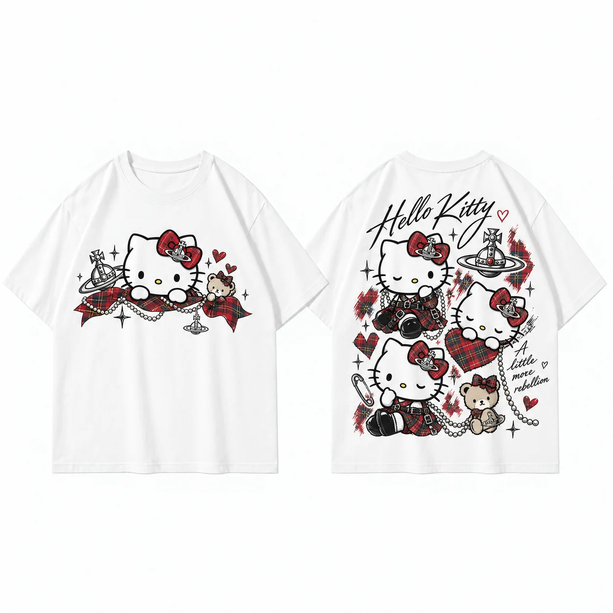 Sanrio Hello Kitty Good Friends Parent Child Graffiti Print T Shirt Men's Women's White Kawaii Cute Streetwear Short Sleeve Top