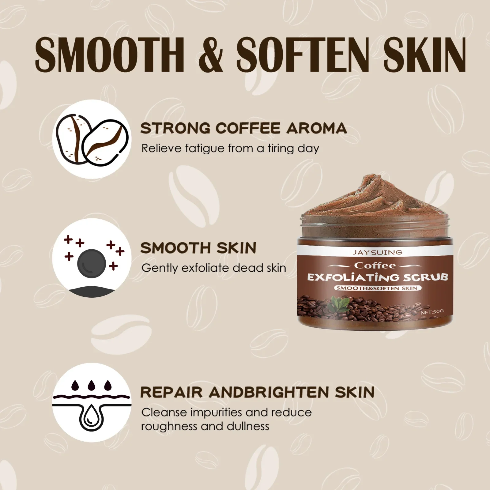 Jaysuing Coffee Scrub Smooth Exfoliating Anti Acne Soften Cutin Brightening Deep Cleaning Moisturizing Whitening Body Scrub 50ml