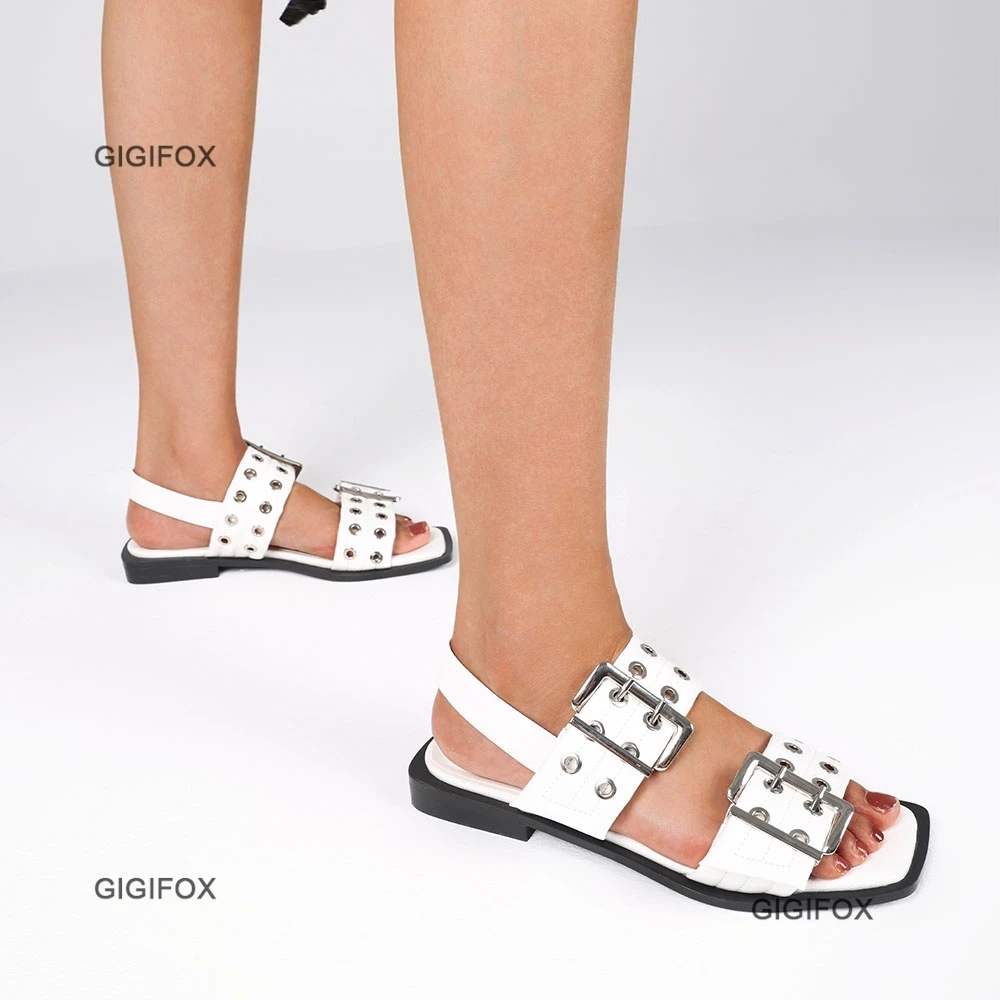 GIGIFOX Buckle Strap Open Square Toe Flats Metal Back strap Slingbanck Patent Leather Sandals Leisure Fashion Casual Woman Shoes