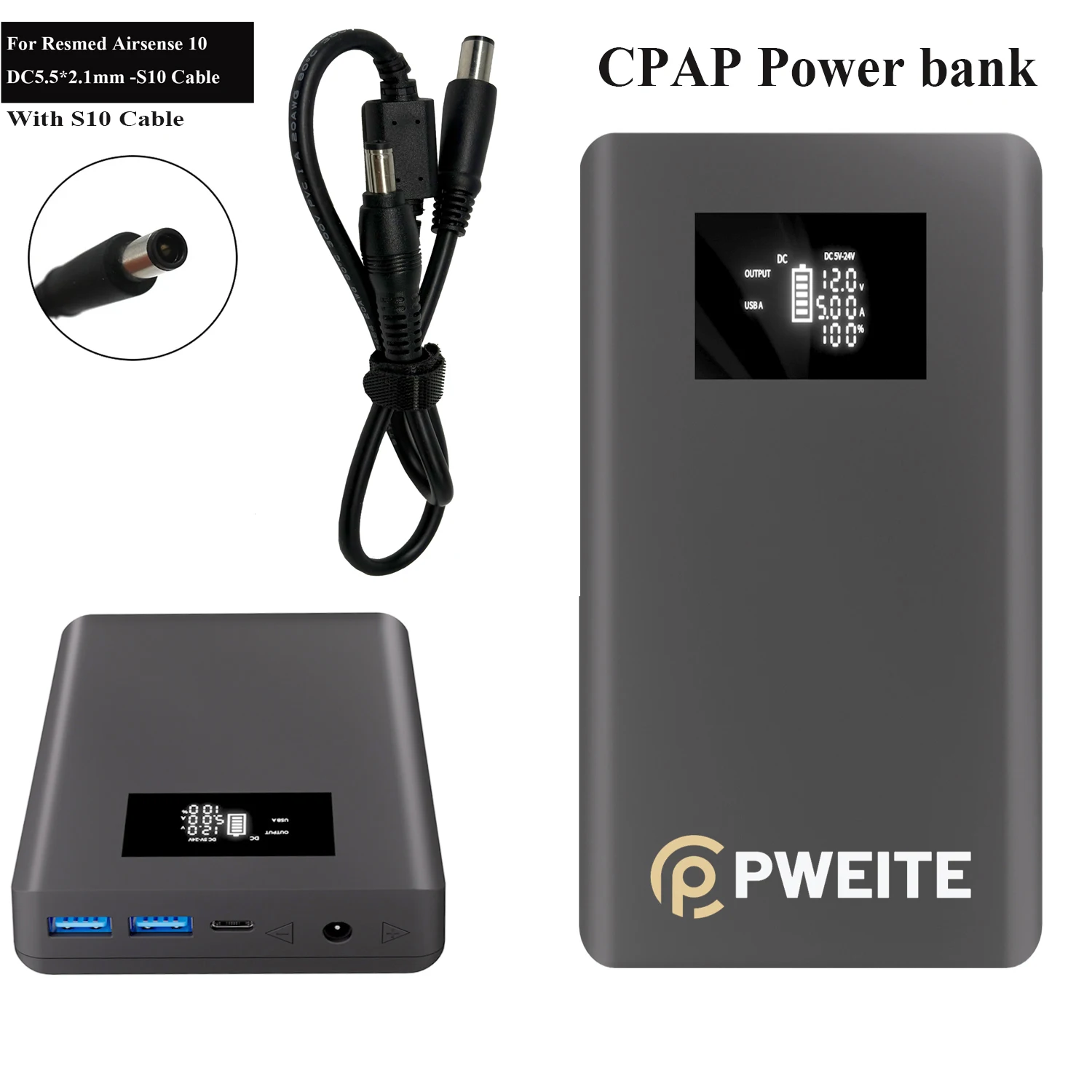 Batterie externe CPAP, alimentation externe DC 12V 19V 24V 3.75A 2.5A pour appareils Resmed S9 Airsense 10 Aircurve 10 11 S10 S11