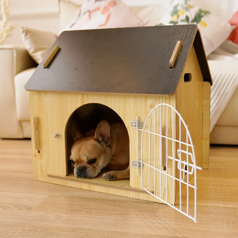 

Customized Luxury Solid Wood Indoor Dog Bed Furniture Sustainable Pet Cage With Fence