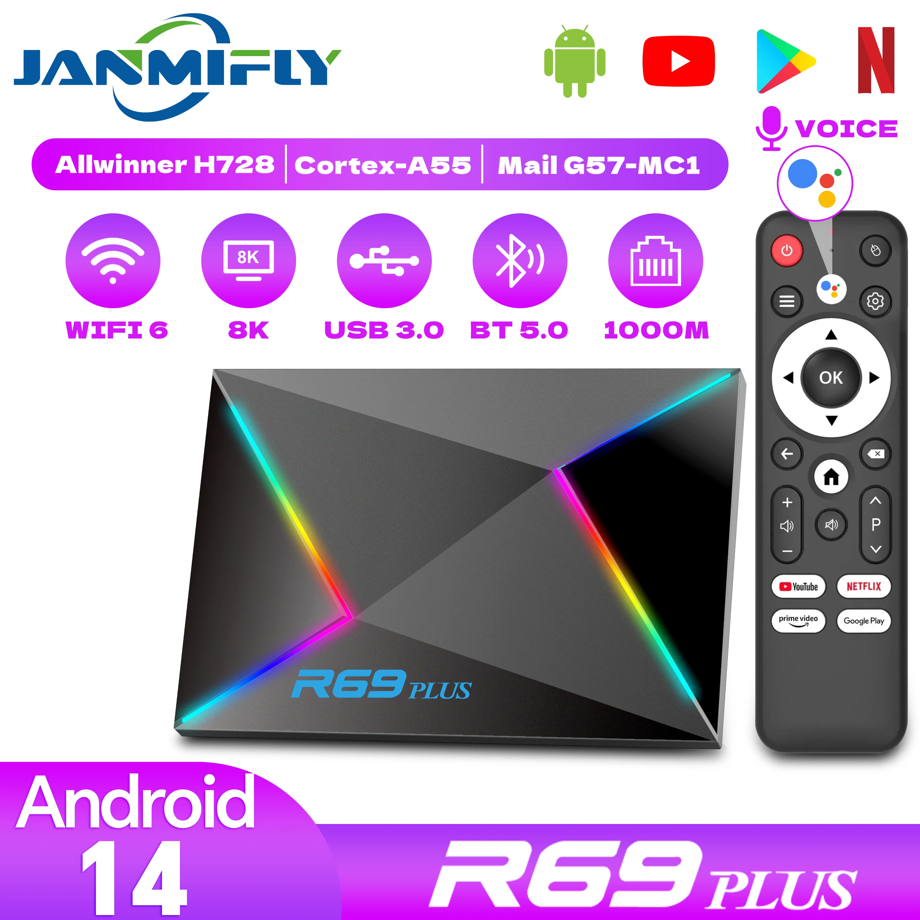 Android 14.0 R69 Plus WIFI 6 Bluetooth 5.0 Allwinner H728 Octa-core ARM Cortex A55  tv box Voice Control  HD 8K Set top box