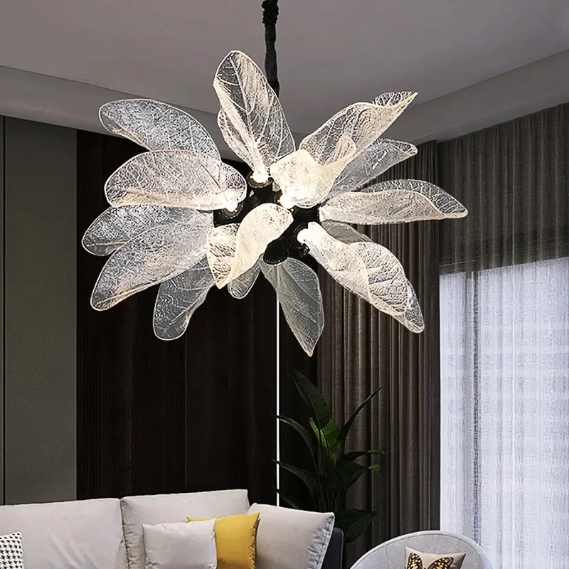 Modern Glass Chandelier Creative Leaf Design Led Pendant Lamp For Living Room Luxury Decoration Indoor Bedroom Lighting Fixture