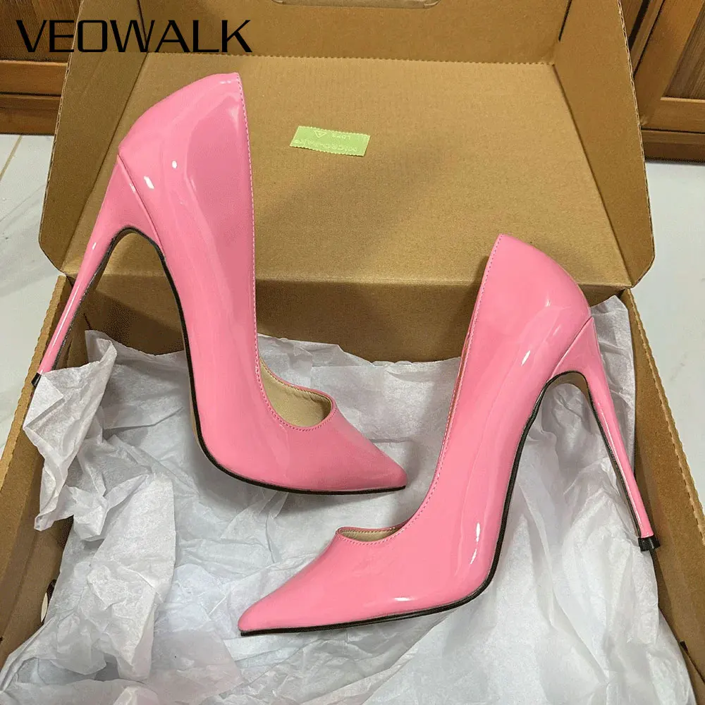

Veowalk однотонные женские лакированные розовые туфли с острым носком на высоком каблуке 12 см, свадебные туфли подружки невесты, элегантные туфли-лодочки на шпильке, большой размер 35-46
