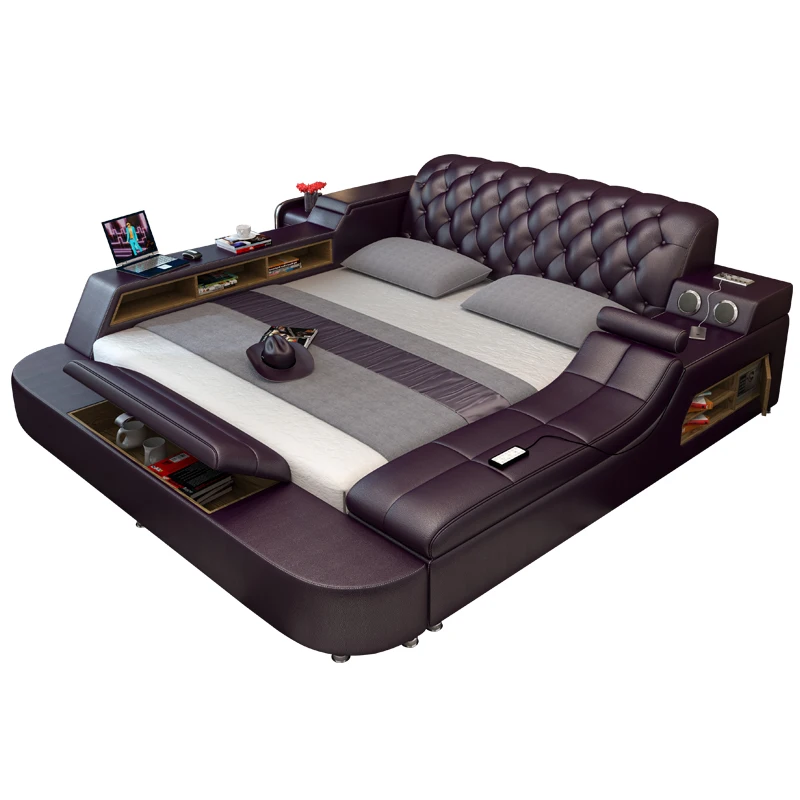 

！@Modern Leather Fabric With Large Space Workable Intelligent Convenient Double Storage Multifunction Bed