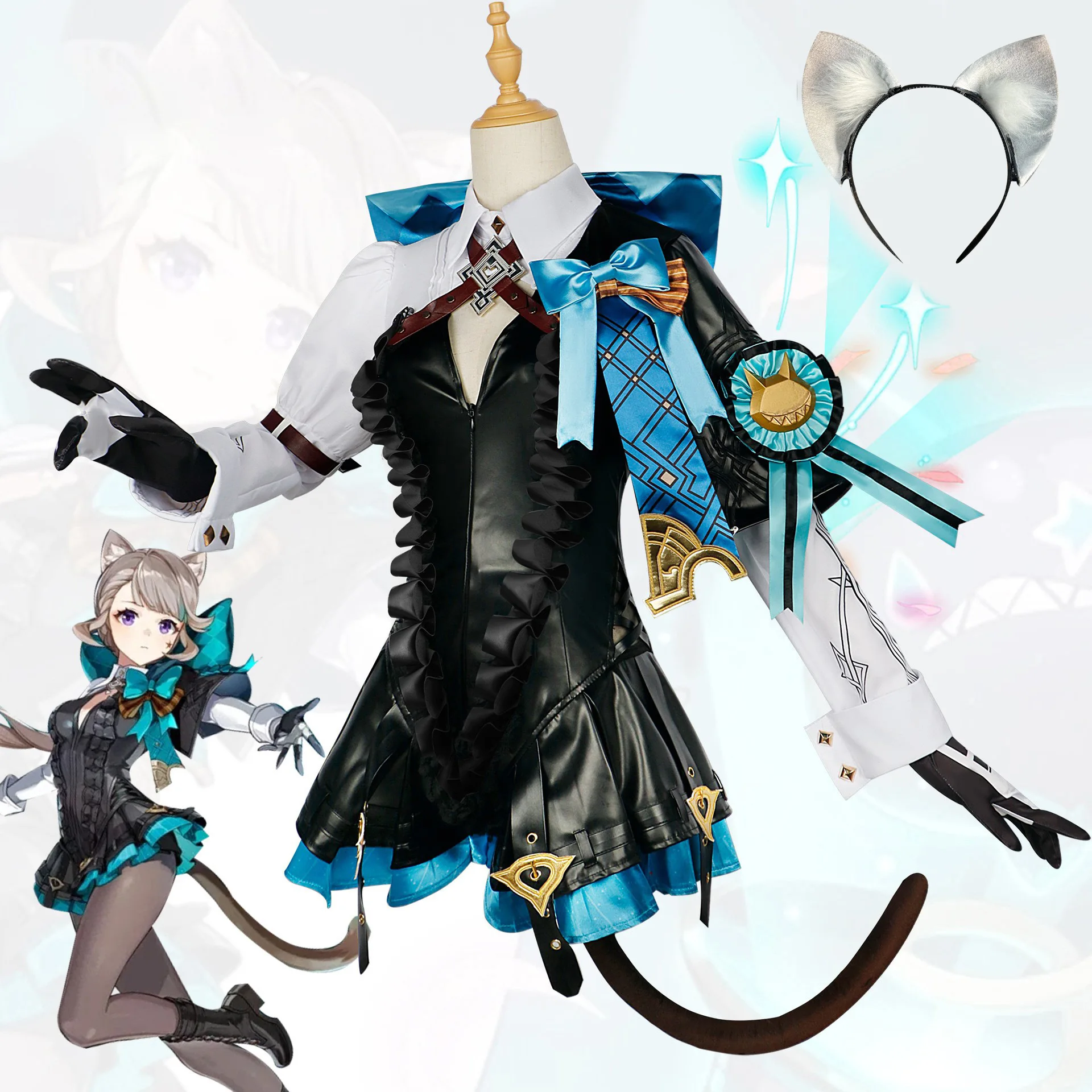 

Genshin Impact Lynette Cosplay Costume Fontaine Leather cosplay costume Uniform Dress Ears Skirt Glove Outfit Tail Magician