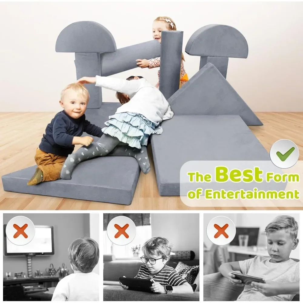 10pcs Modular Kids Play Couch, 63" XXL Premium Kids Play Sofa, Foam Couch for Toddler Child Teens, Kids Couch Building Fort