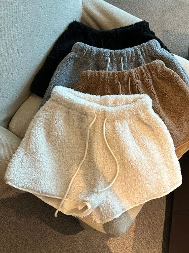 กางเกงขาสั้นแบบมีเชือกผูกเอว สำหรับฤดูใบไม้ร่วงและฤดูหนาว ผ้าหนา อุ่น ยืดหยุ่น เอวสูง ทรงหลวม ขากว้าง