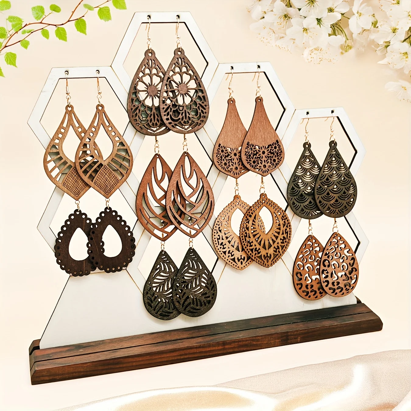 9 Pairs/Set Cut Out Carved Drop-Shaped Wooden Earrings Simple Bohemian Retro Holiday Style Exquisite Gift for Women