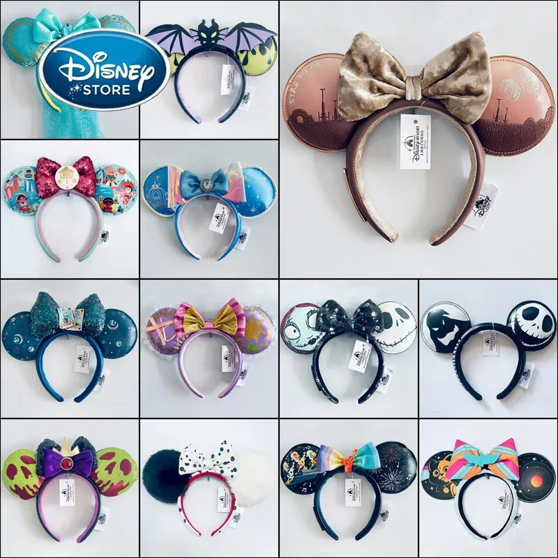 Disney Princess Headband Mickey Ear Rapunzel Snow White Sequin Bow Hair Hoop Gift Girl Accessories Christmas Sally Jack