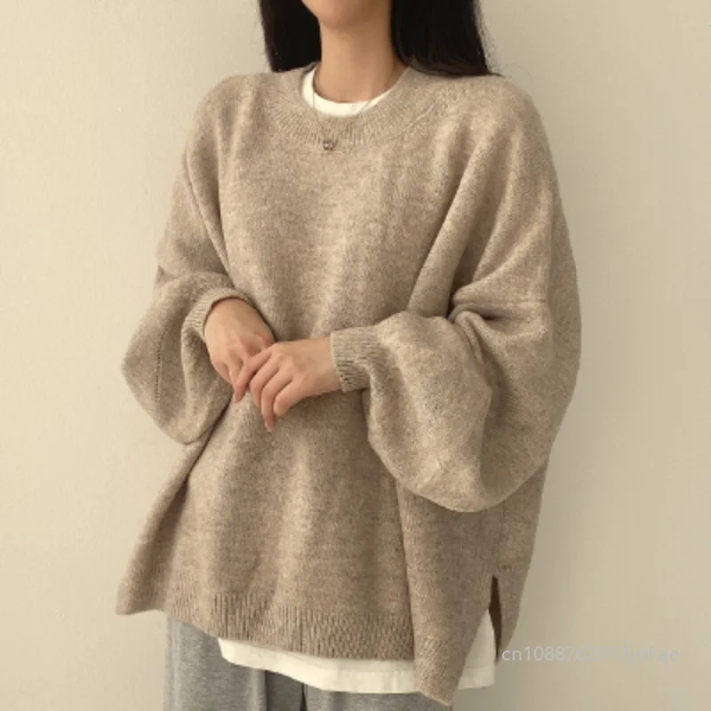 2026 Gray Vintage Women Sweaters Black Lantern Sleeve Korean Fashion Oversized Knit Pullovers Solid Basic Old Money Winter