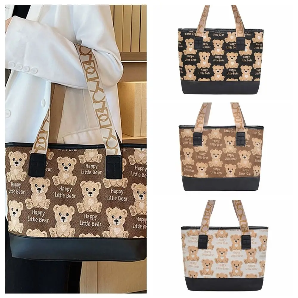 

Simple Printed Bear Canvas Bag Large Capacity Portable Print Tote Bag Shopping Bag Pu Leather Cartoon Handbag Travel