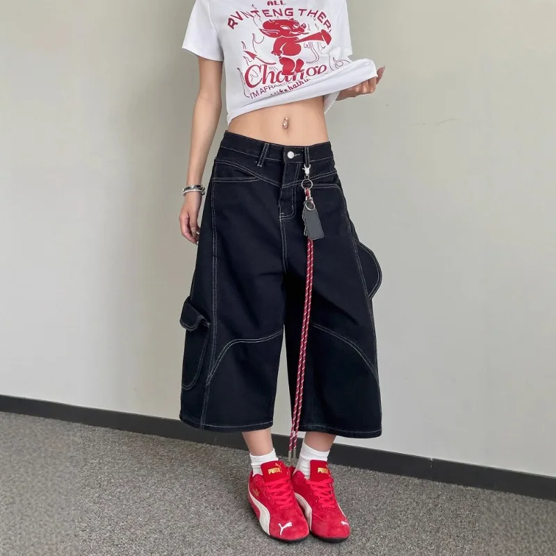 

Y2k Vintage Streetwear Short Jeans American Black Jeans for Women High Waisted Wide Leg Baggy Cargo Denim Shorts 2000s
